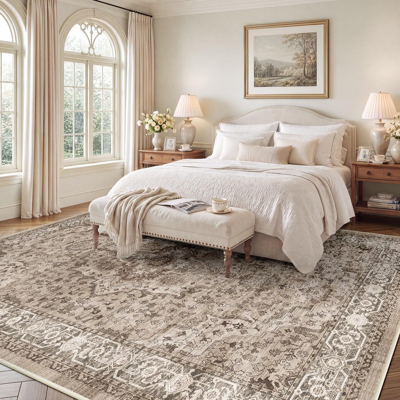 8x10 Area Rug Living Room, Vintage Washable Carpet Brown