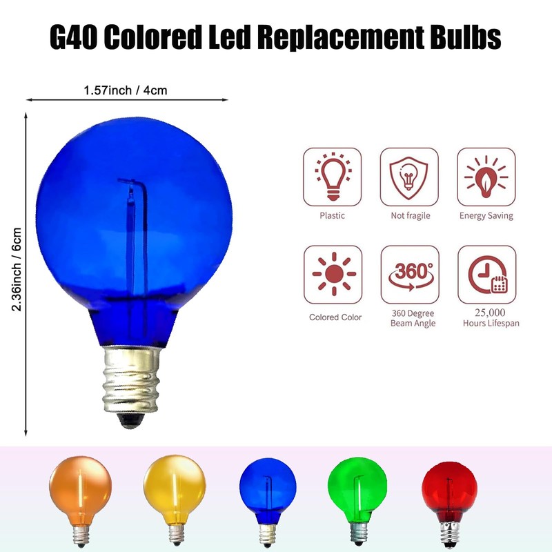YFALATSTNRK 5 Pack Blue G40 LED Christmas Replacement Light Bulbs