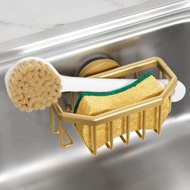 TAILI Soporte para esponjas de Fregadero con Ventosa Fuerte, de Aluminio Inoxidable, para esponjas, cepillos, Tapones y raspadores, Dorado