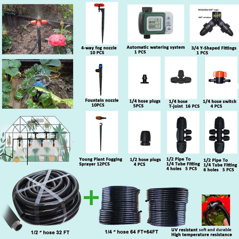 160Ft Drip Irrigation System with Water Timer for Garden, Main