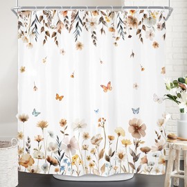 Riyidecor Brown Wildflower Floral Shower Curtain for Bathroom Decor 72Wx72H Beige Flower Plants Leaves Butterfly Farmhouse Women Girl Art Printed Fabric Polyester Waterproof 12 Pack Plastic Hooks