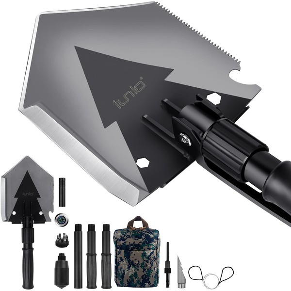 iunio Folding Shovel, 38'' Camping Shovel, Survival Multitool, Foldable Entrenching Tool, Portable Collapsible Spade, Off-Roading E-Tool Kit, for Camping, Backpacking, Trenching, Car Emergency