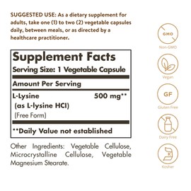 SOLGAR Solgar L-Lysine 500 mg, 250 Vegetable Capsules - Enhanced Absorption & Assimilation - Promotes Integrity of Skin & Lips - Collagen Support - Amino Acids - Non-GMO, Vegan, Gluten Free