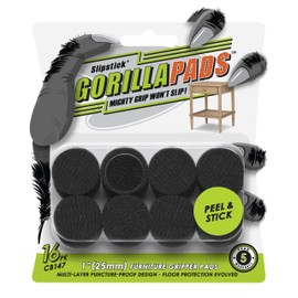 Slipstick GorillaPads CB147 Non Slip Furniture Pads/Gripper Feet (Set of 16) Self Adhesive Rubber Floor Protectors, 1 inch Round, Black