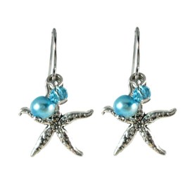 Silver Tone Starfish Seahorse & Cultured Freshwater Pearl Charm Earrings ~ Burlap Gift Bag Included