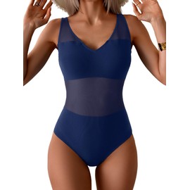 Aidonger - Traje de baño de una pieza para mujer con control de abdomen y malla con cuello en V para adelgazar, Azul oscuro, M
