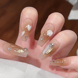 Pure Handmade Nails Press on Nail Reusable Fake Nails GoldenHeart FlowerWhite Bling Bling Medium Stick on Nails French Tip False Nails 10pcs (L, Q289)