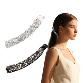 2STK Bananen Haarspange, Banana Clip Dünnes Haar, Strass Bananenspange Haare Perlen Banana Hairclip Schwarz Haarklammer Weiß Haarspangen Pferdeschwanz Clip Haarschmuck für Damen