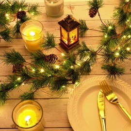 Ceenna 4 Pcs Christmas Garland with Lights, Pre Lit 6 ft Cones Berry Battery Operated Pine Garland, 25 LED Lights Christmas Decorations for Outdoor Fireplace Mantel Home Rooms (Pine Cone)