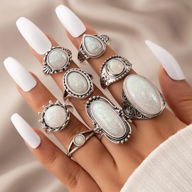 cotwdi Turquoise Rings for Women Boho Western Rings Set Vintage Stackable Ring Western Stuff Accessories Cowboy Jewelry for Women (White)