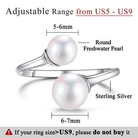 LUCKMORA Pearl Ring for Women Sterling Silver Rings 925 Adjustable Open June Birthstone Rings for Teen Girls with Real Round Genuine Freshwater Cultured Stackable (2P)