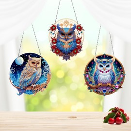 MaiYiYi - Juego de 3 colgantes de diamantes para colgar en forma de búho, juego de pintura especial para manualidades, diseño de búho, bonito colgante de búho, pintura de diamantes por números,