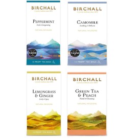 Birchall Tea- Pack of 4 Tea Bags with Flavors of Peppermint, Camomile, Lemon Grass & Ginger, and Green Tea & Peach Tea -Tea Bags Bulk of 60 bags free from Prism teabags- A Delicious & Strong Flavor