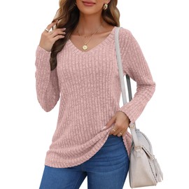 AUSELILY Long Sleeve Shirts for Women Lightweight V Neck Sweaters Casual Loose Tunic Tops,Coral Pink,2XL