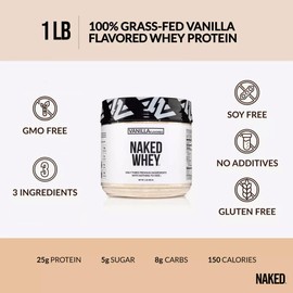 NAKED Vanilla Whey Protein 1Lb, Only 3 Ingredients, All Natural Grass Fed Whey Protein Powder + Vanilla + Coconut Sugar- GMO-Free, Soy Free, Gluten Free. Aid Muscle Growth, 12 Servings