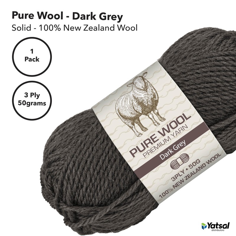 Yatsal 3-Ply Pure Wool 50 g, Dark Grey