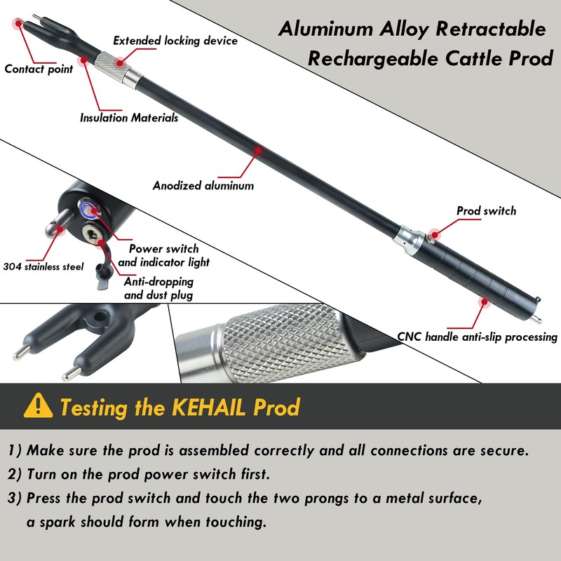 Kehail Retractable Aluminum Cattle Prod, 43.6" Waterproof Cattle Prod Stick,