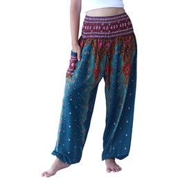 Full Funk Rayon Smock Waist Pants Pocket Straight Peacock Feather Artwork Sea Green M