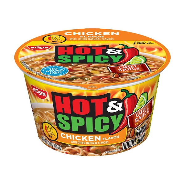 Nissin Bowl Noodles HOT & Spicy CHICKEN Flavor Microwavable and Spoonable Noodles & Soup with Og Trans FAT for Best in Ramen Instant Noddle Soup- 12 Pack of 3.32 Oz Cups