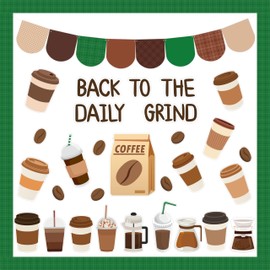 CPicdn 115Pcs Back to School Bulletin Board Classroom Decoration, Back to The Daily Grind Cutouts Border Trims Coffee Name Tags First Day of School Party Supplies Classroom Chalkboard Wall Door Decor