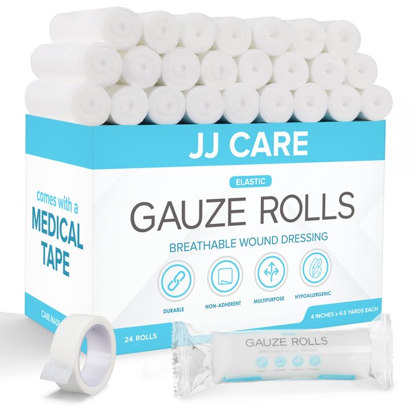 JJ CARE Gauze Rolls Pack of 24, Individually Wrapped Gauze Bandage Roll, with Bonus Medical Tape, 4 inches x 4.1 Yards Rolled Gauze, Latex Free & Stretchable Gauze Rolls