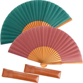 Blulu 2 Pieces Folding Handheld Silk Fan Pear Wood Vintage Spanish Fans with Leather Cover for Women Girls for Renaissance Fairs, LARP, Steampunk, Medieval, Viking, or Cosplay Costumes(Vintage Coral)