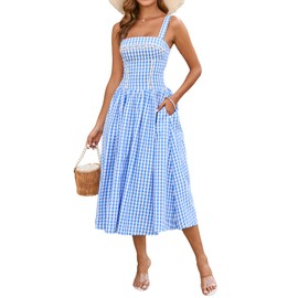 XinFSh Women's Summer Gingham Midi Dress Square Neck Flowy Lace Corset Dresses Garden Patry Picnic Sundress with Pockets Blue