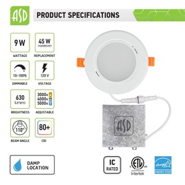 ASD 4 inch Gimbal LED Recessed Light with Junction Box, 9W 630Lm, 3000K/4000K/5000K Selectable, IC Rated LED Downlight, Dimmable Directional Ceiling Light, White, Energy Star ETL