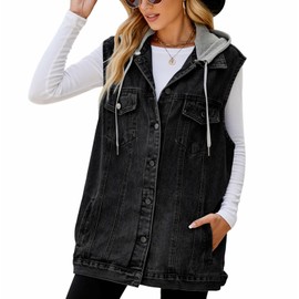 Anzber Women's Denim Vest Oversized Casual Classic Sleeveless Button Denim Jacket,Black with cap,M