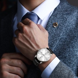 OLEVS Black Leather Band Watches for Men White Dial Mens Watches with Date Men Watches Waterproof Watches for Men Simple Watches Roman Numerals Mens Watches Mens Reloj para Hombre