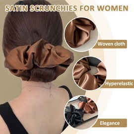 4 Pack 7" Oversized Satin Scrunchies for Women Thick Hair, Retro Elegant Soft Silk Hair Ties for hair Sleep Elastic Ponytail Holders Gentle No Hurt (4PCS(Black+Mocha+Champagne+Cream))