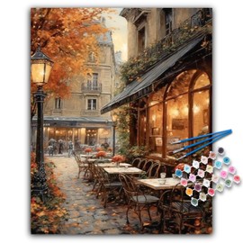 Paint by Numbers for Adults - Street Café Adult Paint by Numbers Kits on Canvas without Frame, DIY Fall Landscape Acrylic Oil Painting by Number for Adults, Perfect for Gift Home Decor (16x20 inch)