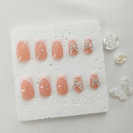 Square Press on Nails Medium Fake Nails with 3D Butterfly Rhinestones Designs White French Tip Nails Press ons Glossy Glue on Nails Nude Acrylic Nails Daily Wear Simple Stick on Nails for Women 24Pcs