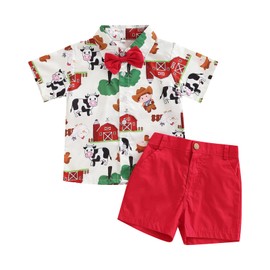 VISGOGO Toddler Boys Outfits Farm/Circus Cartoon Animal Print Shirts with Bow Tie Shorts Set (Red Farm, 3-4T)