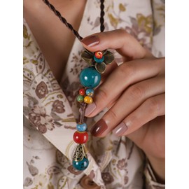 Hanary Vintage Bohemian Colorful Ceramic Bead Antique Flower Y Necklace, Vintage Hippie Statement Jewelry Gift for Women