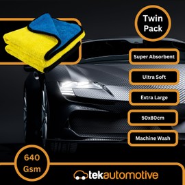 Tek Automotive Supersoft Detailing Giant Microfibre Towel – Twin Pack, 50x80cm, 640GSM, Car Drying & Polishing Towel, Large, Streak-Free, Machine Washable, Best for Car Cleaning & Detailing Kit