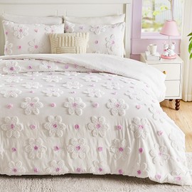 VIVILINEN Full Comforter Set for Girls 3 Pieces Full Size Purple Floral Bedding Set Cute Comforter with Tufted Daisies Flowers, Lightweight Bed Set for Kids Teen Girls Women