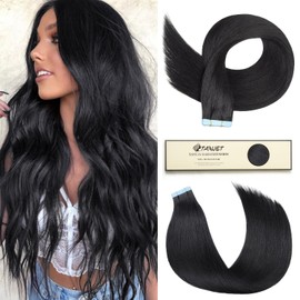 TANJET Tape in Human Hair Extensions 18 Inch Jet Black Straight Seamless Invisible Skin Weft Thick Soft Silky Jet Black Human Hair Extensions Tape in (#1 18 Inch 50g/Pack 20pcs)