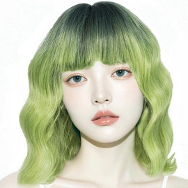 Yamel Wavy Bob Wig with Bangs Natural Ombre Green Wig Synthetic Hair Shoulder Length Short Curly Wigs for Women