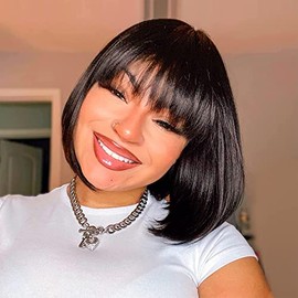 ToyoTress Blunt Cut Bob Wigs With Bangs - 14 Inch Shoulder Length Light Yaki Straight Hair Daily Costume Wig For Black Women, Soft Synthetic Hair Replacement Wigs Heat Resistant (14 Inch, #4）