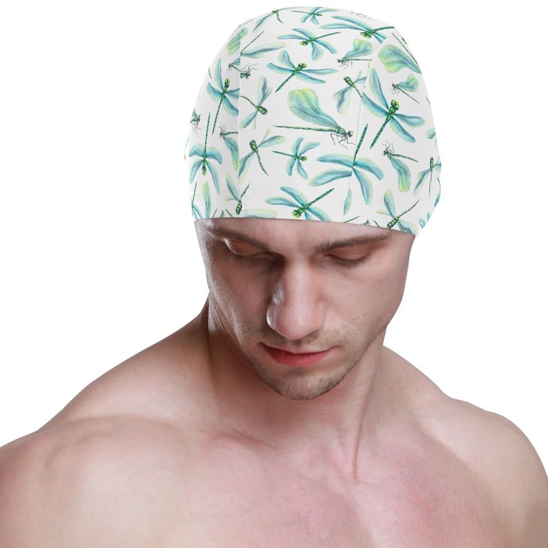 Dallonan Swimming Cap Unisex Adult Swim Cap Blue Dragonflies Polyester
