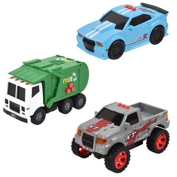 Sunny Days Entertainment Mini City Vehicles 3 Pack – Lights and Sounds Pull Back Toy Vehicle with Friction Motor | Includes Race Car Pick Up Truck and Recycle Truck – Maxx Action