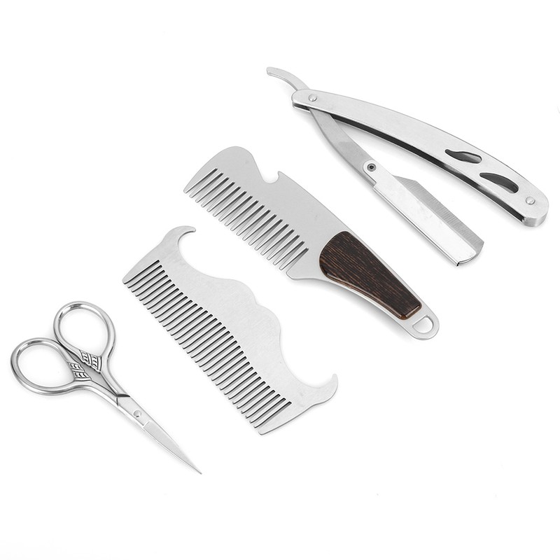 6pcs Beard Kit Shaving Knife Blade Beard Brush Scissors Storage