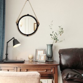 BetyHom Industrial Style 12.1 inch Round Wall Hanging Metal Mirror with Rope