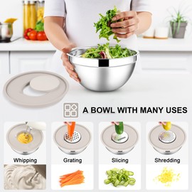 E-far Mixing Bowls with Lids Set, 7-Piece Stainless Steel Mixing Bowls with 3 Grater Attachments, Size 4.6, 3.5, 2.6, 2, 1.5, 1, 0.7QT, Metal Nesting Bowls & Khaki Airtight Lids, For Baking/Cooking