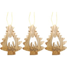 Bulk Set of 3 Pine Tree Nativity Ornaments, Holy Land Olive Wood from Israel, 3" Wooden Hanging Christmas Tree Ornament with Golden String