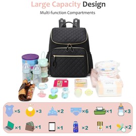 LORADI Large Capacity Diaper Bag Backpack with Storller Clips, Lightweight Water-Resistant Travel Backpack with Anti-Theft Pocket, Black-Gold