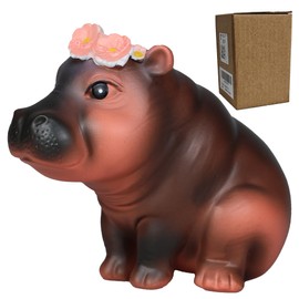 Cute Moo Deng Hippo Statue with Flower Crown, Resin Figurine for Home Decor, Pygmy Hippo Gift, Desk Ornament, Hippo Figurine for Living Room, Office, Bookshelf, Holiday and Seasonal Decor (sitting)