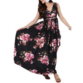 KOH KOH Plus Size Womens Long Floral Print Printed Beach Wedding Guest Spring Summer Sleeveless V-Neck Elegant Casual Dressy Tall Cute Maxi Dress Dresses Gown Gowns, Black and Pink XL 14-16