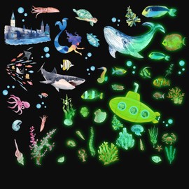 Outus Pack of 63 Glow in the Dark Wall Stickers for Sea Fluorescent Stickers with Sea Motifs Sea World Creature Stickers Luminous Underwater Animal Wall Decor for Children's Room